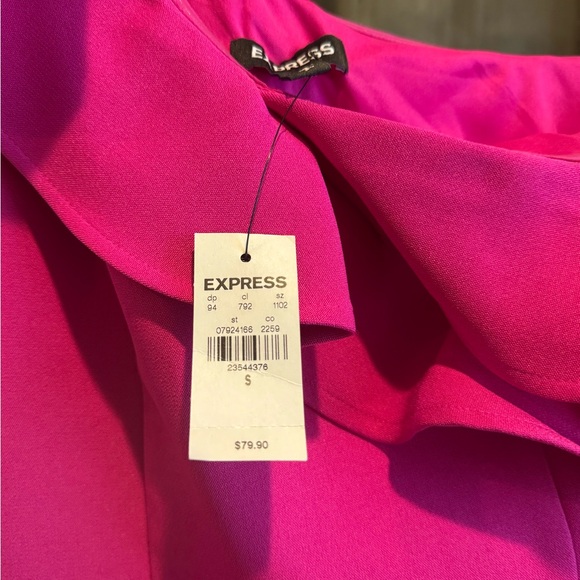 Express Off The Shoulder Ruffle Sheath Hot Pink Neon Berry Dress Sz Small NWT - Picture 2 of 4